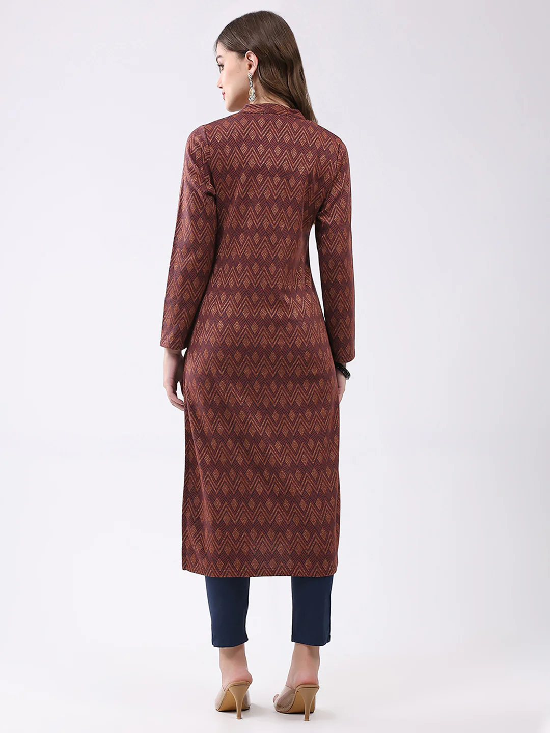 Women Rust Self Design Round Neck Full Sleeve Winter Kurti - Image 5