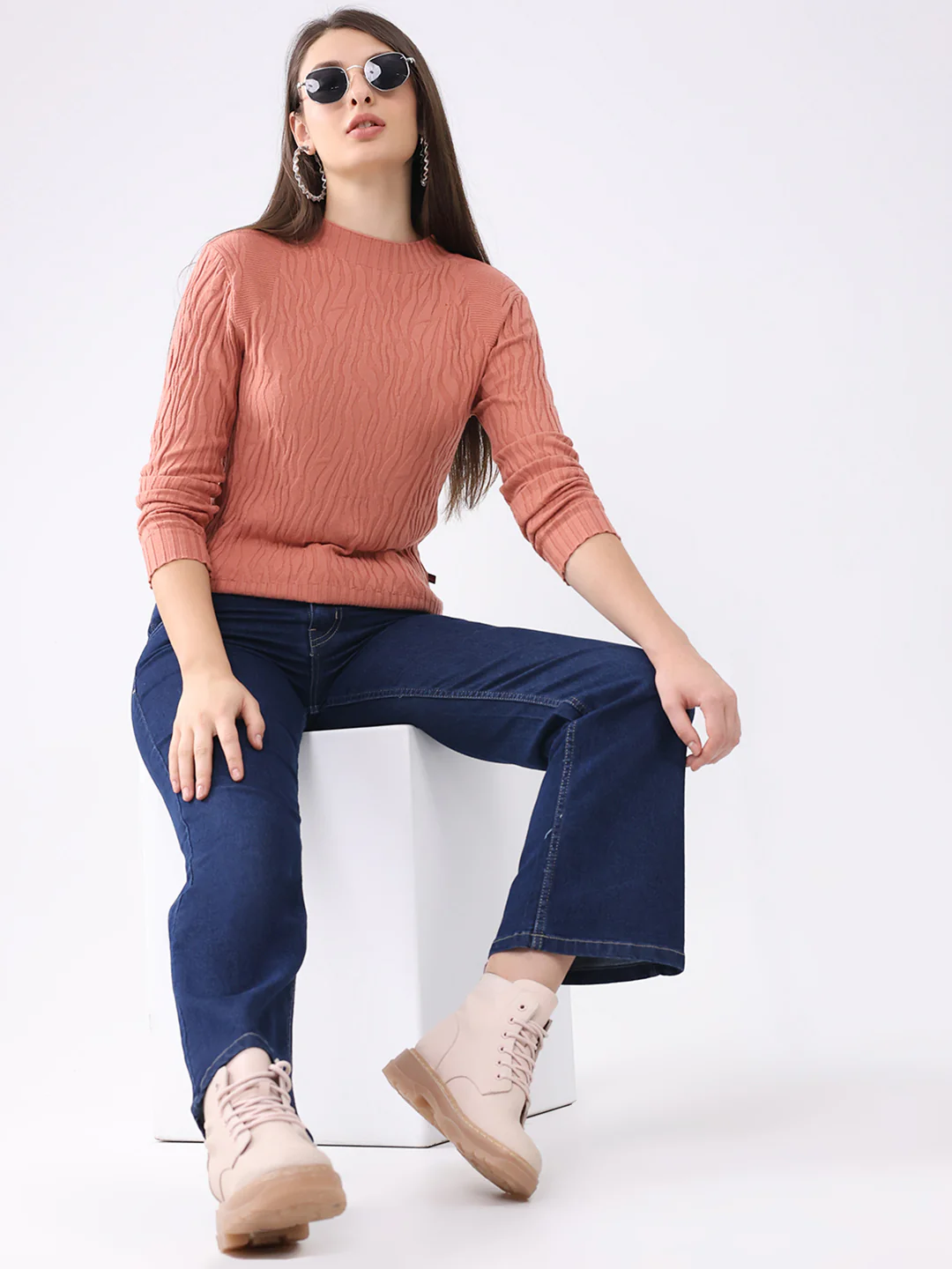 Women Rust Self Design Round Neck Full Sleeve Winter Top - Image 2