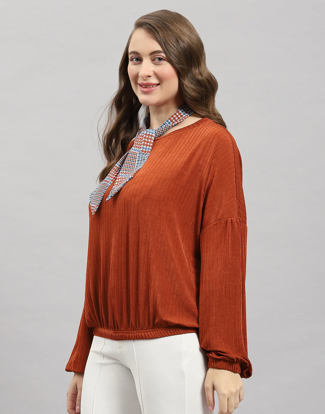 Women Rust Self Design Round Neck Full Sleeve Winter Top - Image 3