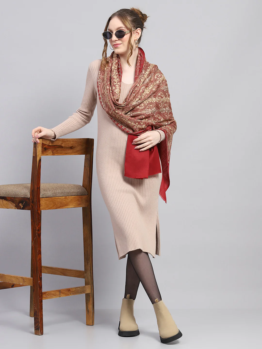 Women Rust Self Design Stole - Image 2