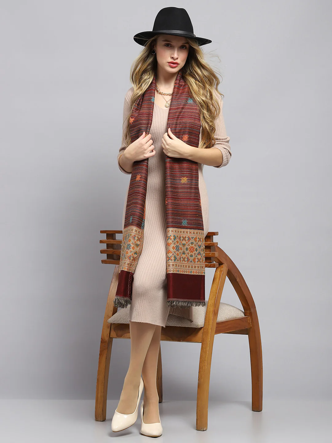Women Rust Self Design Stole - Image 2