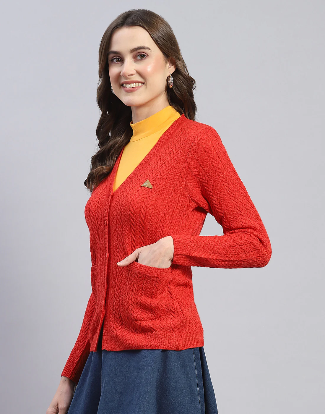 Women Rust Self Design V Neck Full Sleeve Cardigan - Image 3