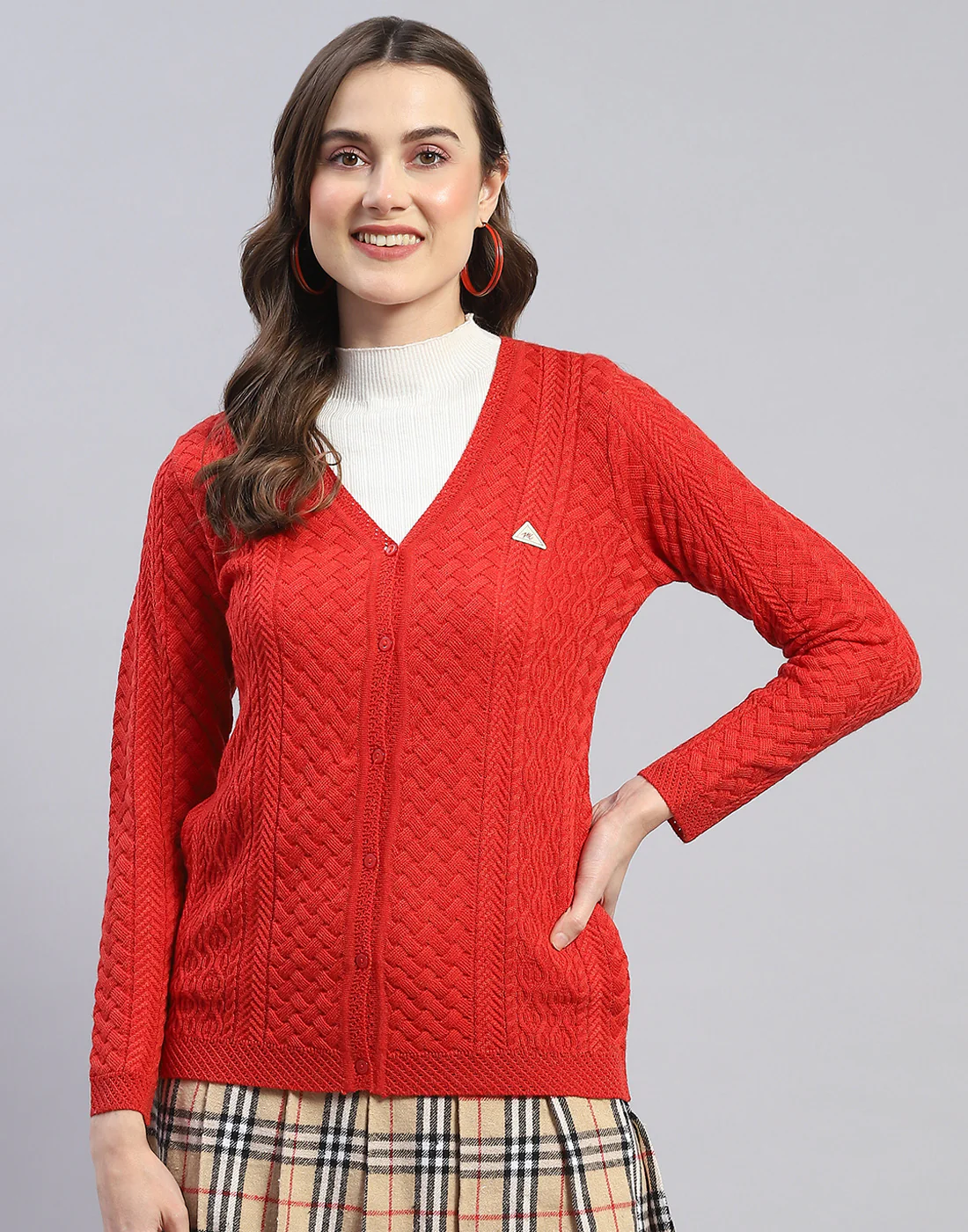 Women Rust Self Design V Neck Full Sleeve Cardigan - Image 2