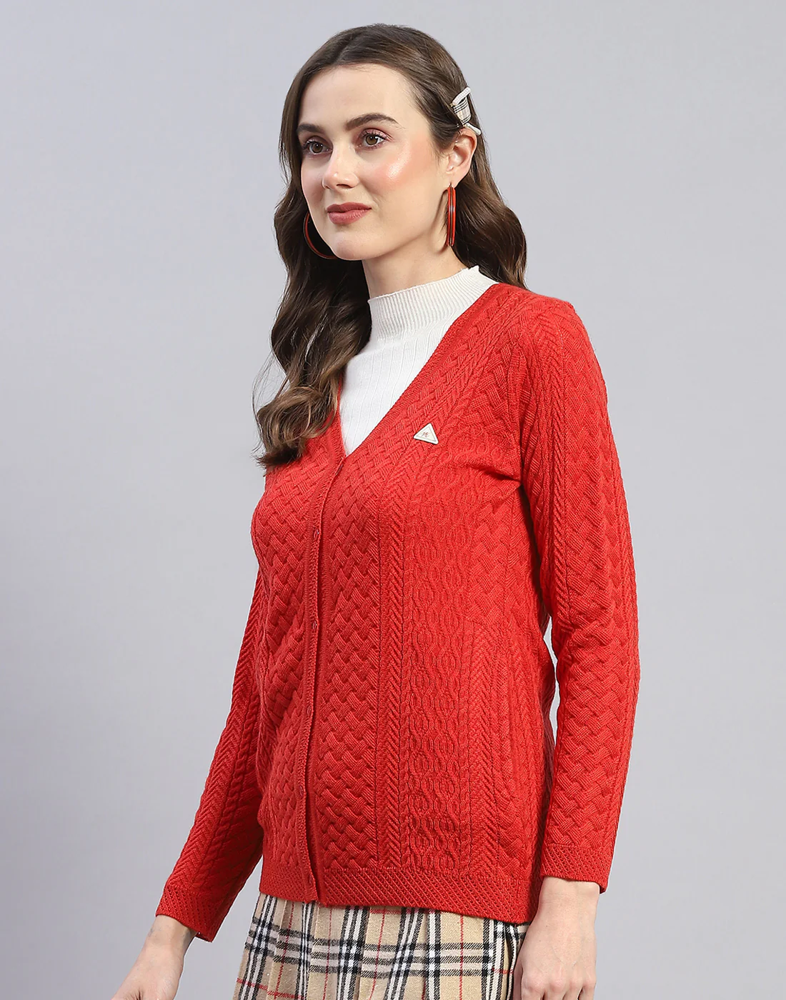 Women Rust Self Design V Neck Full Sleeve Cardigan - Image 3