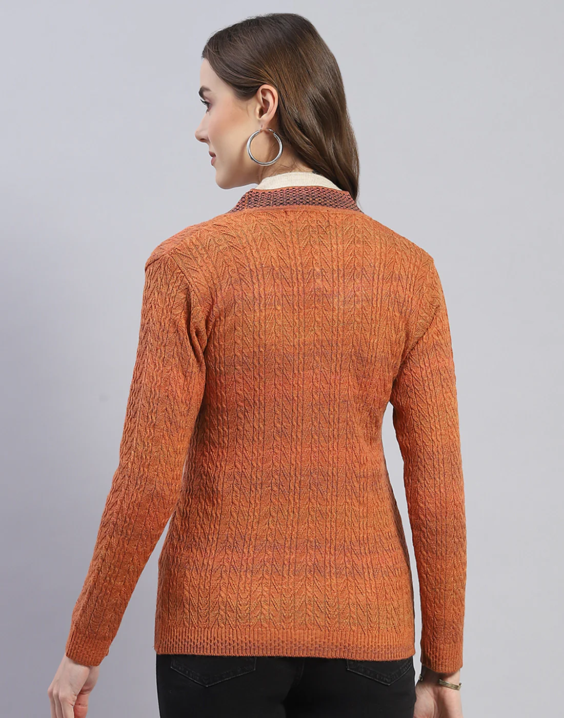 Women Rust Self Design V Neck Full Sleeve Cardigan - Image 5