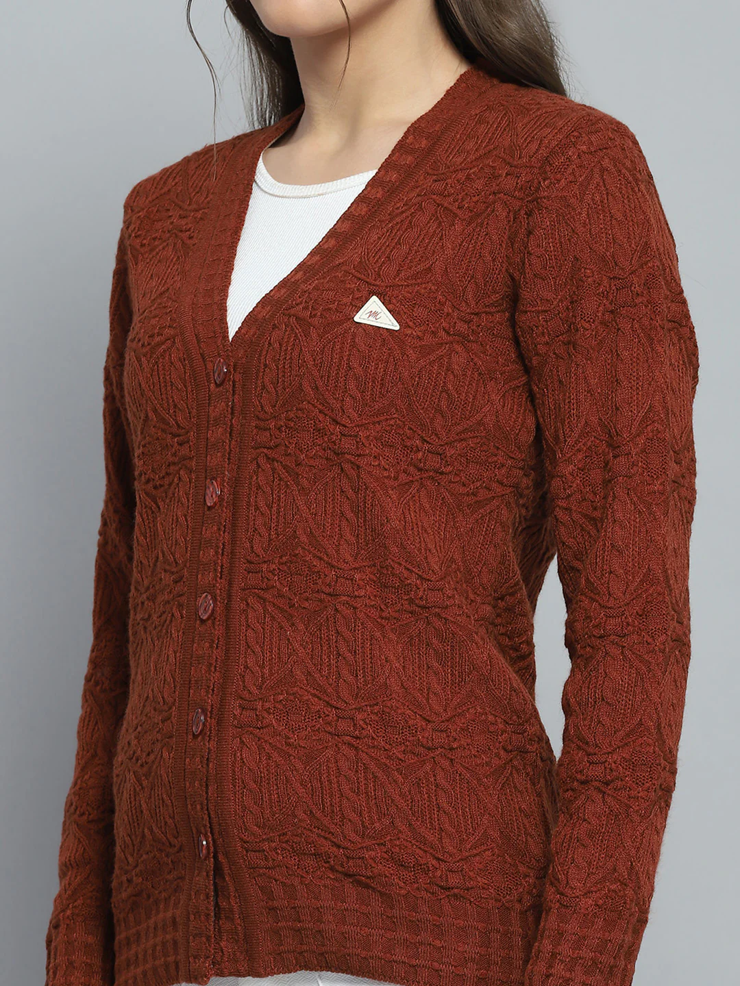 Women Rust Self Design V Neck Full Sleeve Cardigan - Image 6