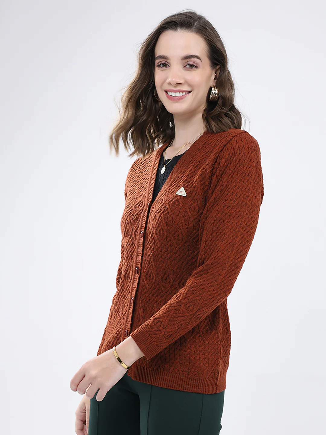 Women Rust Self Design V Neck Full Sleeve Cardigan - Image 3