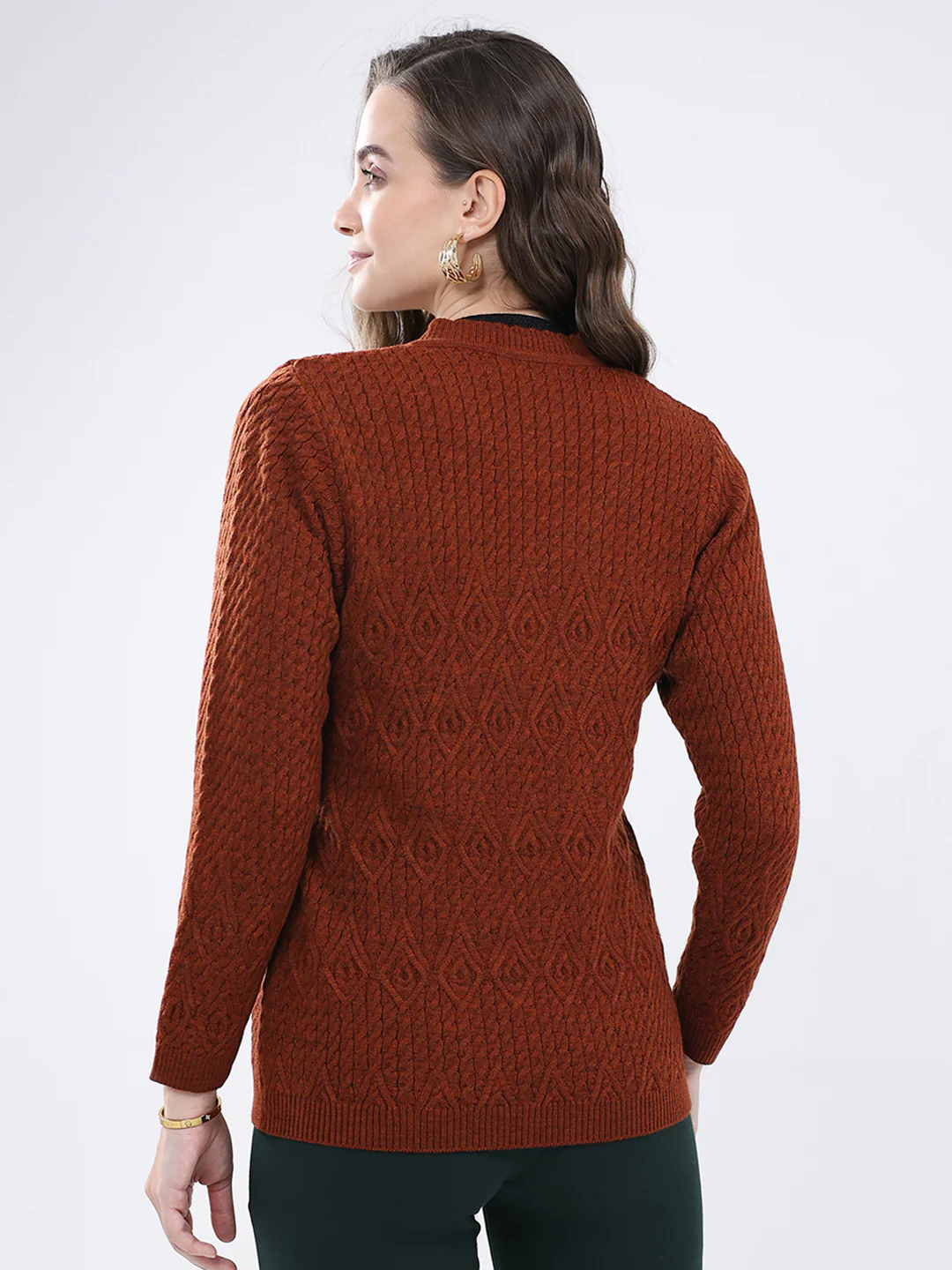 Women Rust Self Design V Neck Full Sleeve Cardigan - Image 5
