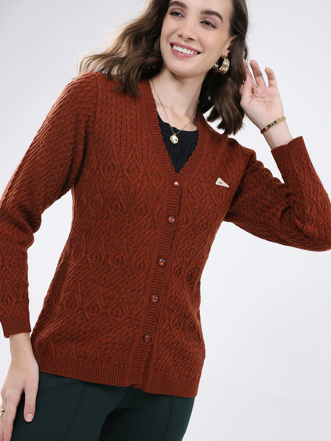 Women Rust Self Design V Neck Full Sleeve Cardigan - Image 7