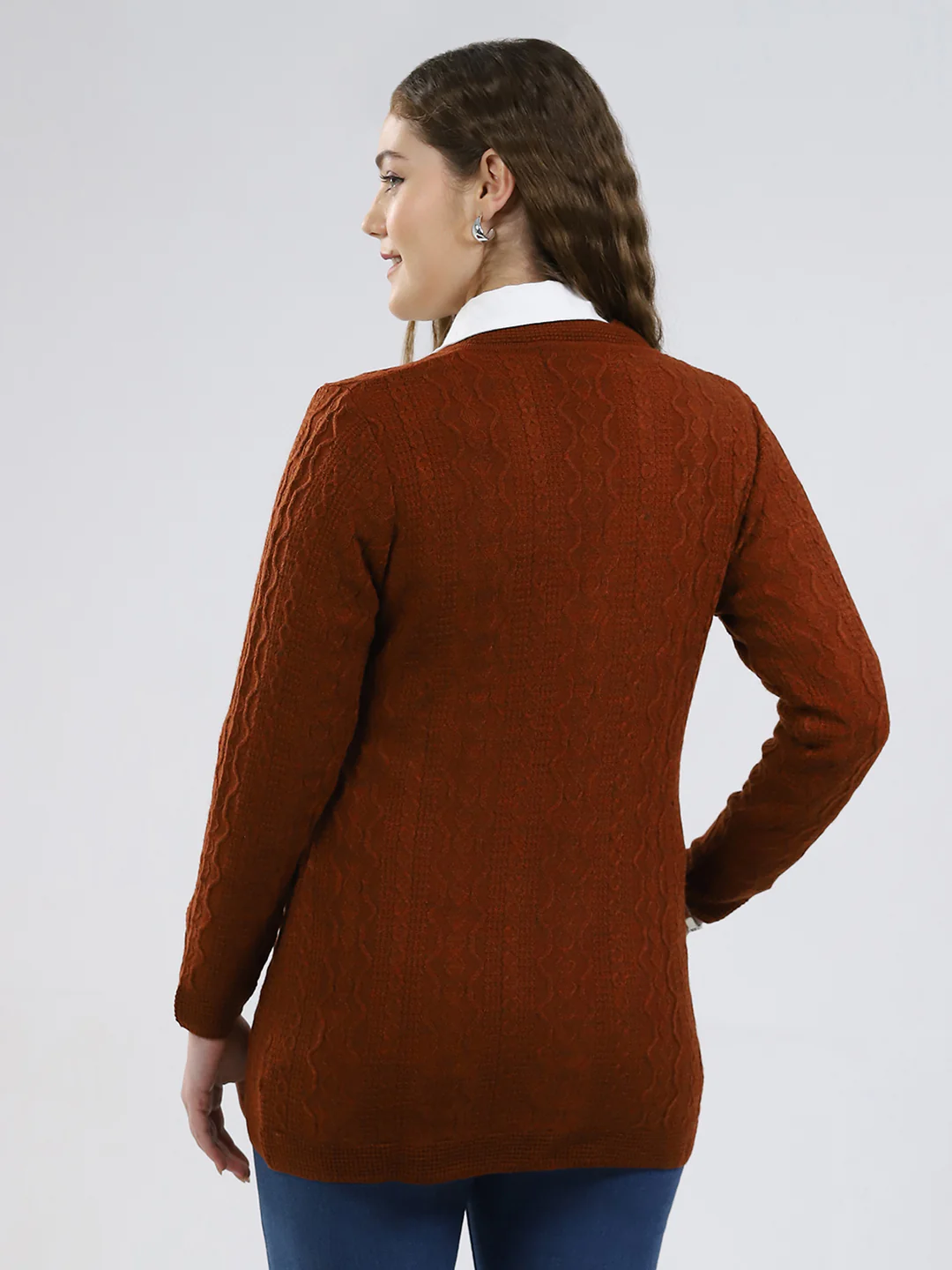 Women Rust Self Design V Neck Full Sleeve Cardigan - Image 5