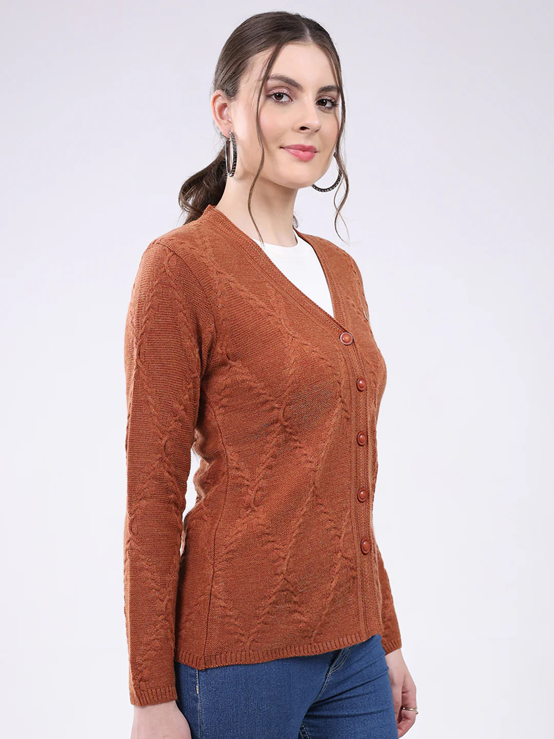 Women Rust Self Design V Neck Full Sleeve Cardigan - Image 4