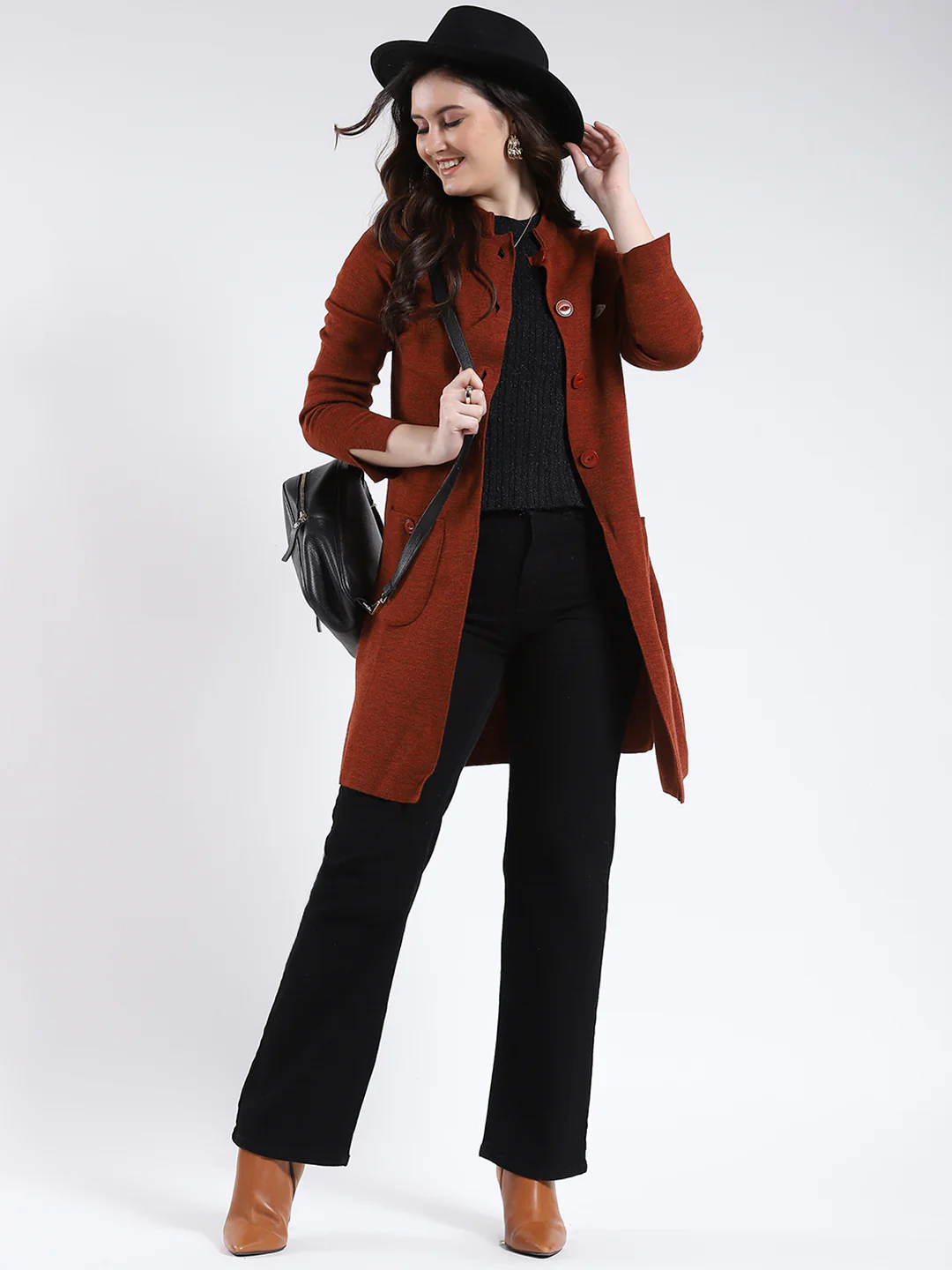 Women Rust Solid Band Neck Full Sleeve Cardigan - Image 2