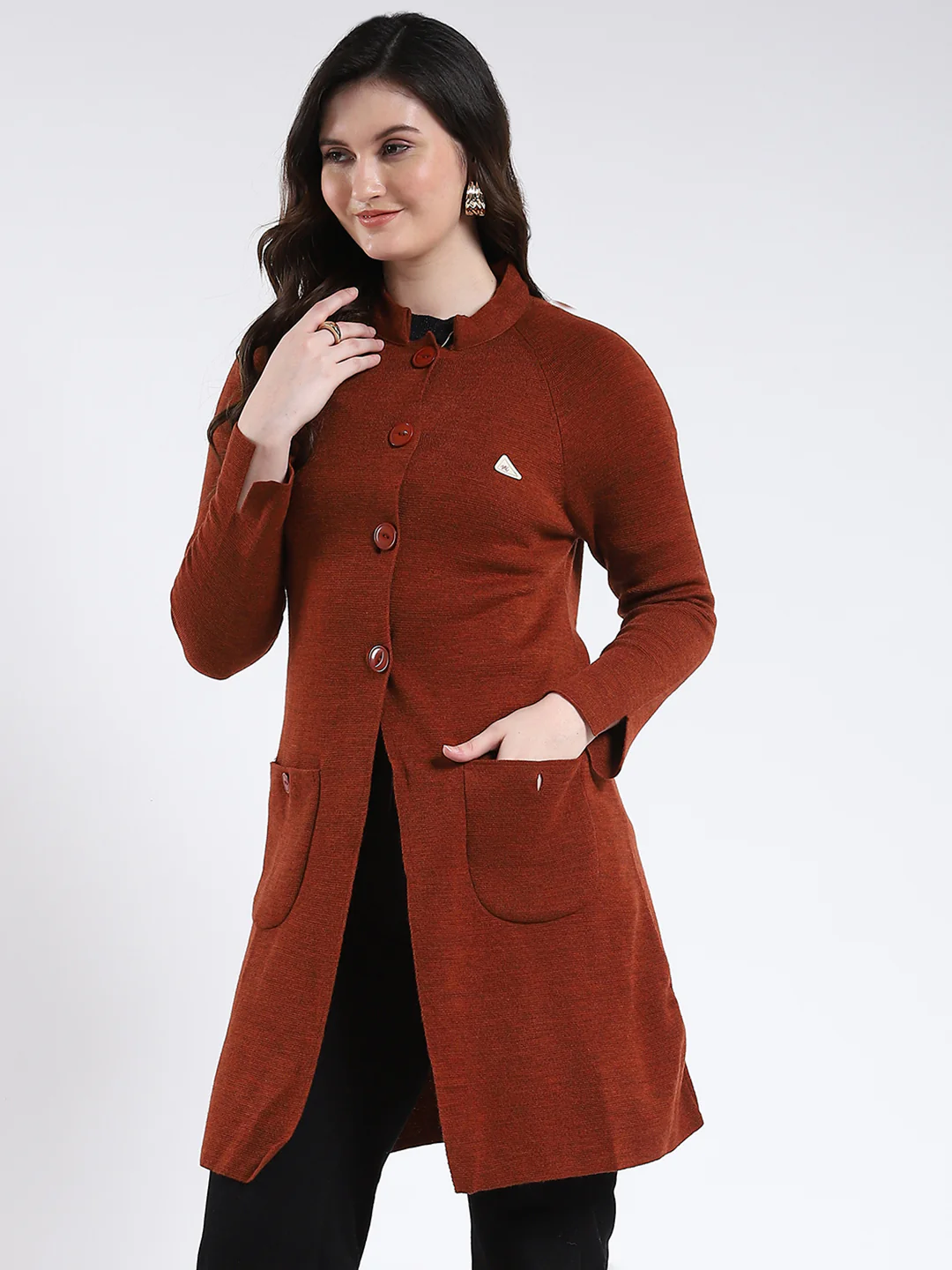 Women Rust Solid Band Neck Full Sleeve Cardigan - Image 3