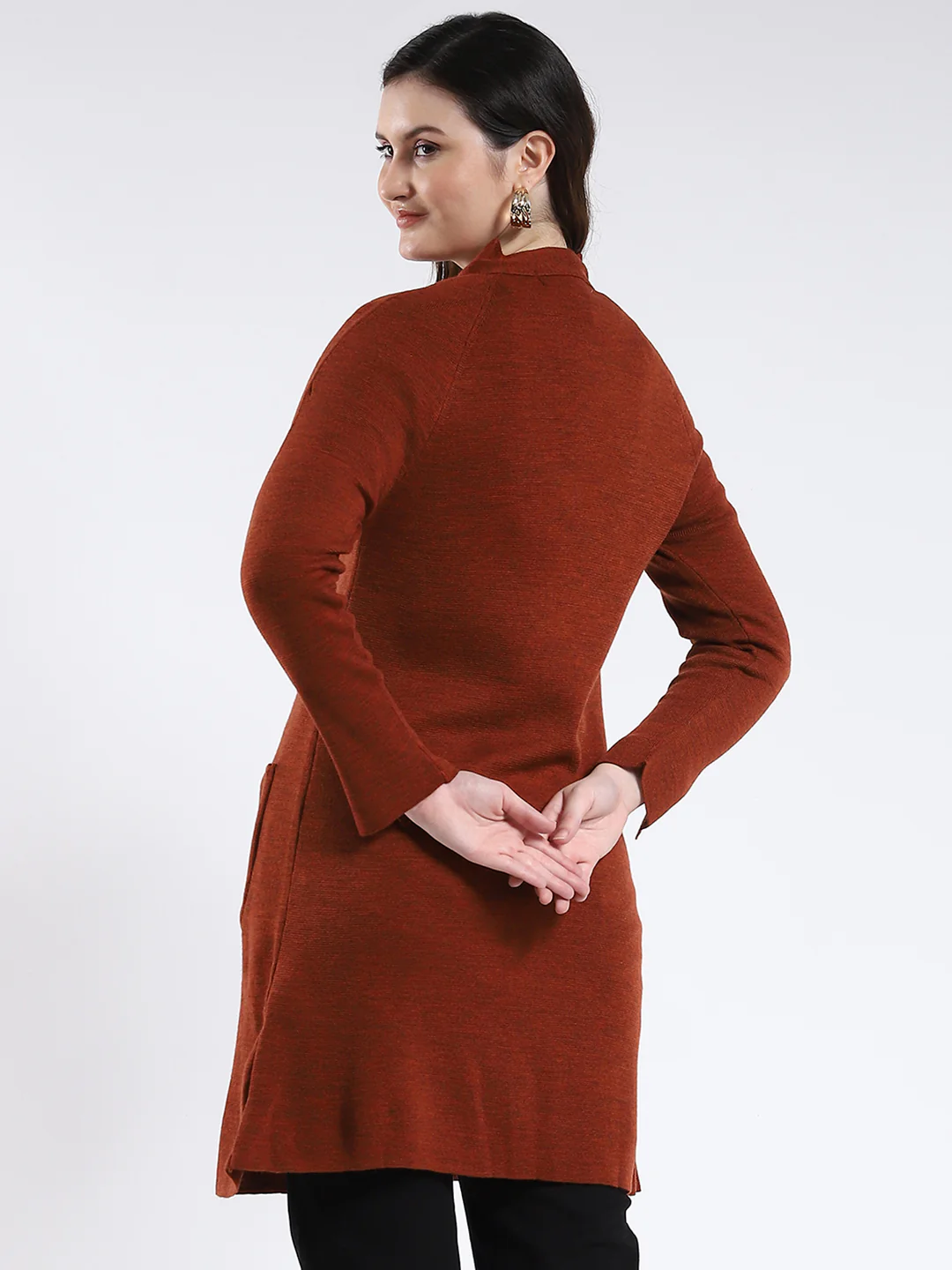 Women Rust Solid Band Neck Full Sleeve Cardigan - Image 5