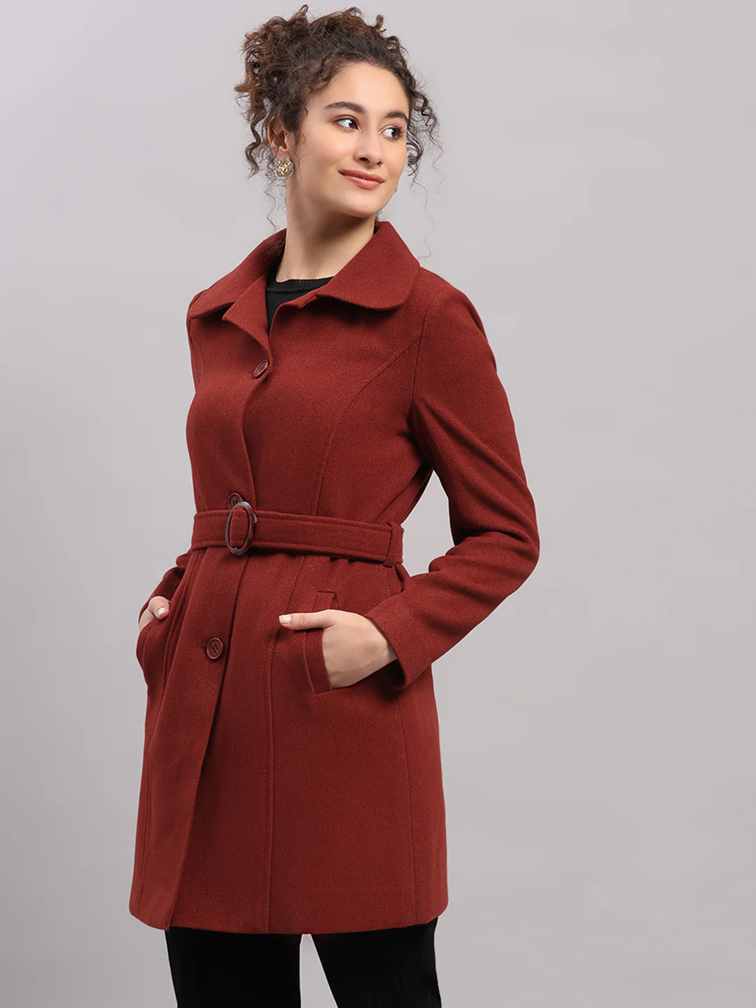 Women Rust Solid Collar Full Sleeve Coat - Image 3