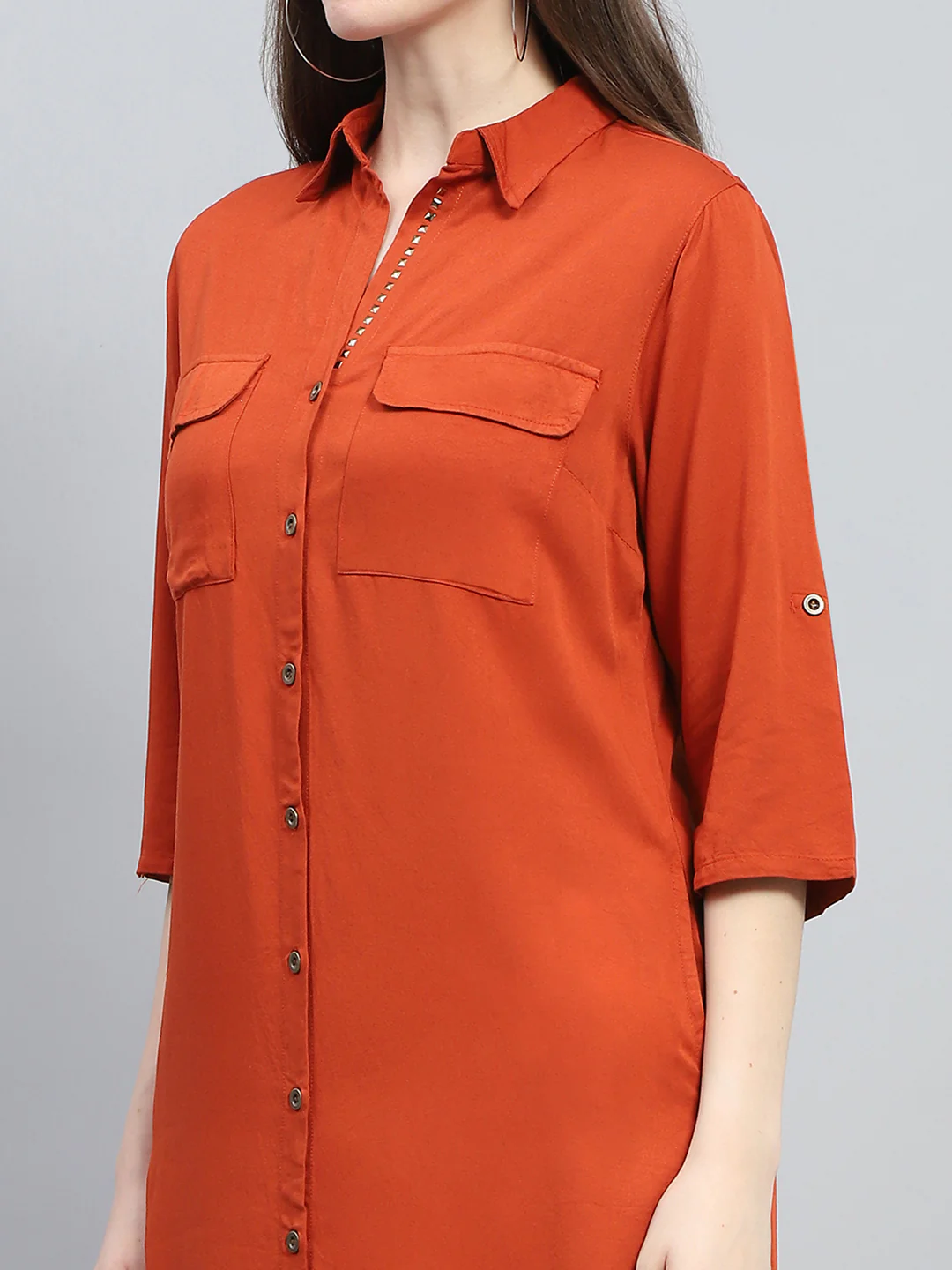 Women Rust Solid Collar 3/4th Sleeve Tunic - Image 6