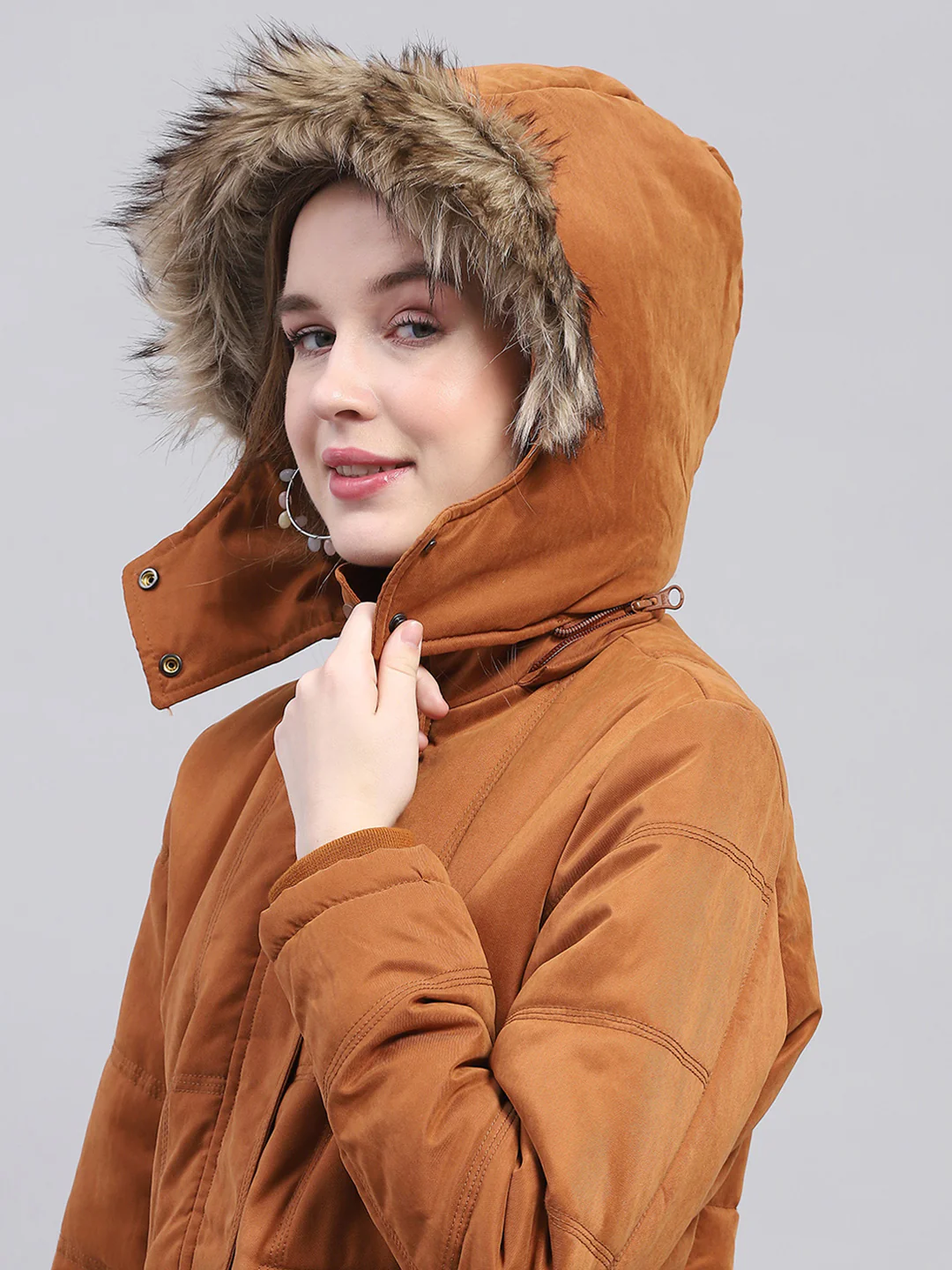 Women Rust Solid Detachable Hood Full Sleeve Jacket - Image 8