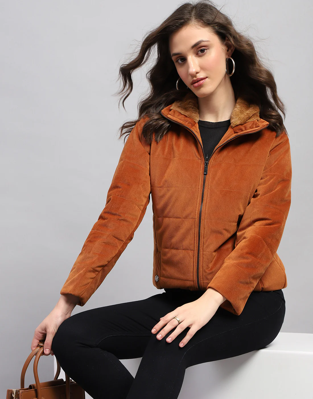 Women Rust Solid High Neck Full Sleeve Jacket - Image 2