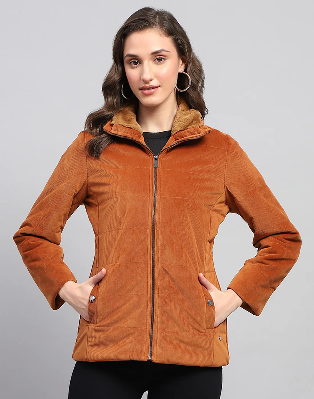 Women Rust Solid High Neck Full Sleeve Jacket - Image 3