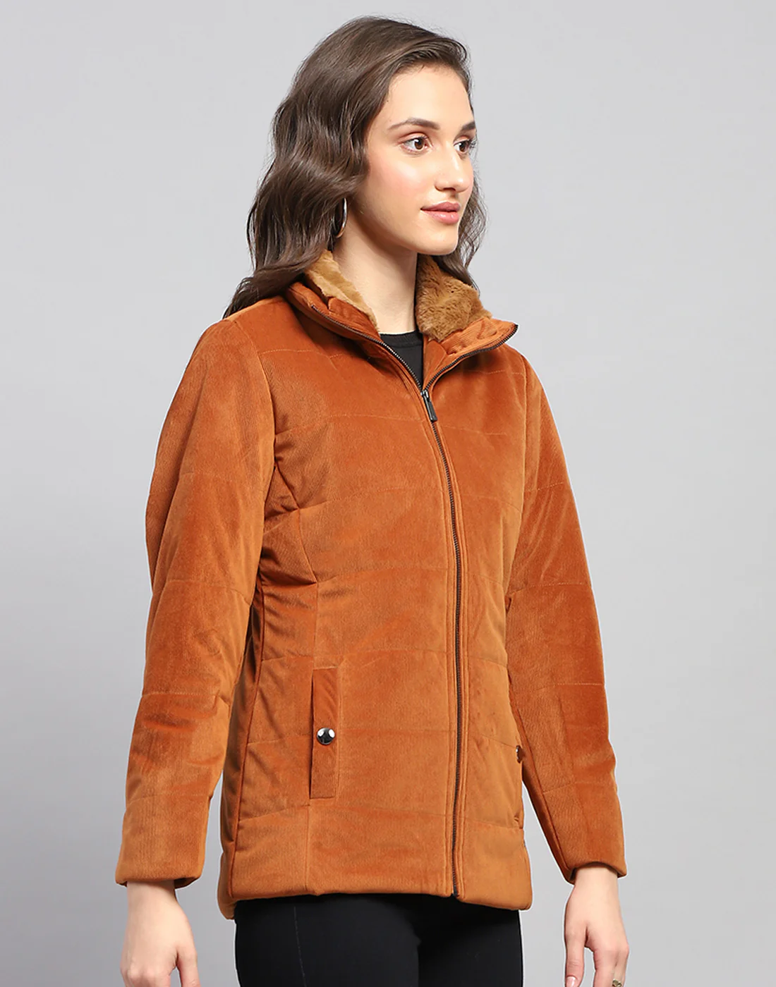 Women Rust Solid High Neck Full Sleeve Jacket - Image 5