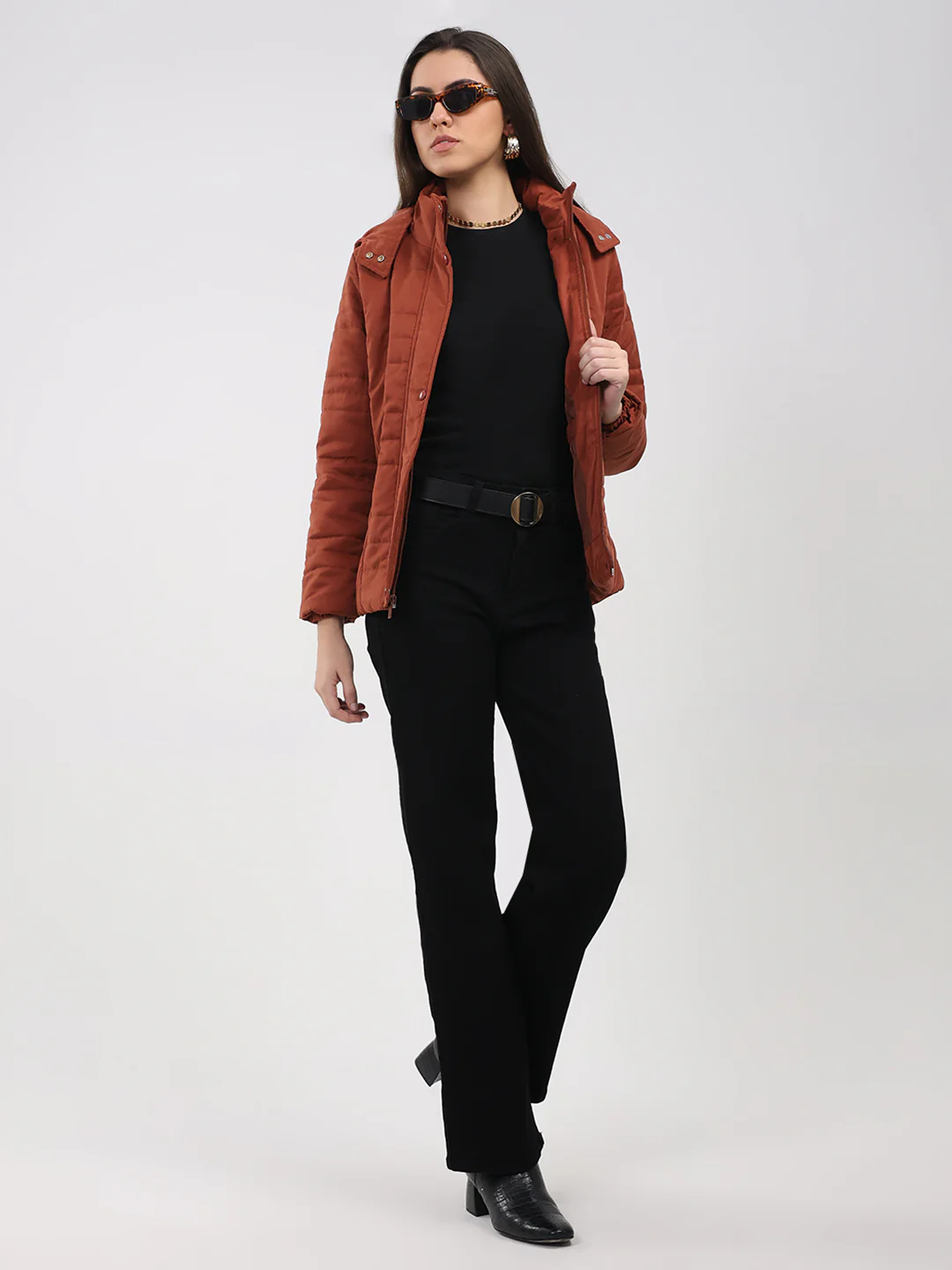 Women Rust Solid Hooded Full Sleeve Jacket - Image 2