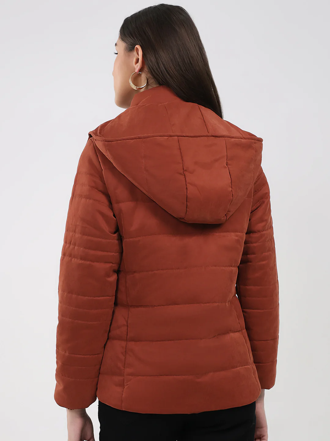 Women Rust Solid Hooded Full Sleeve Jacket - Image 5
