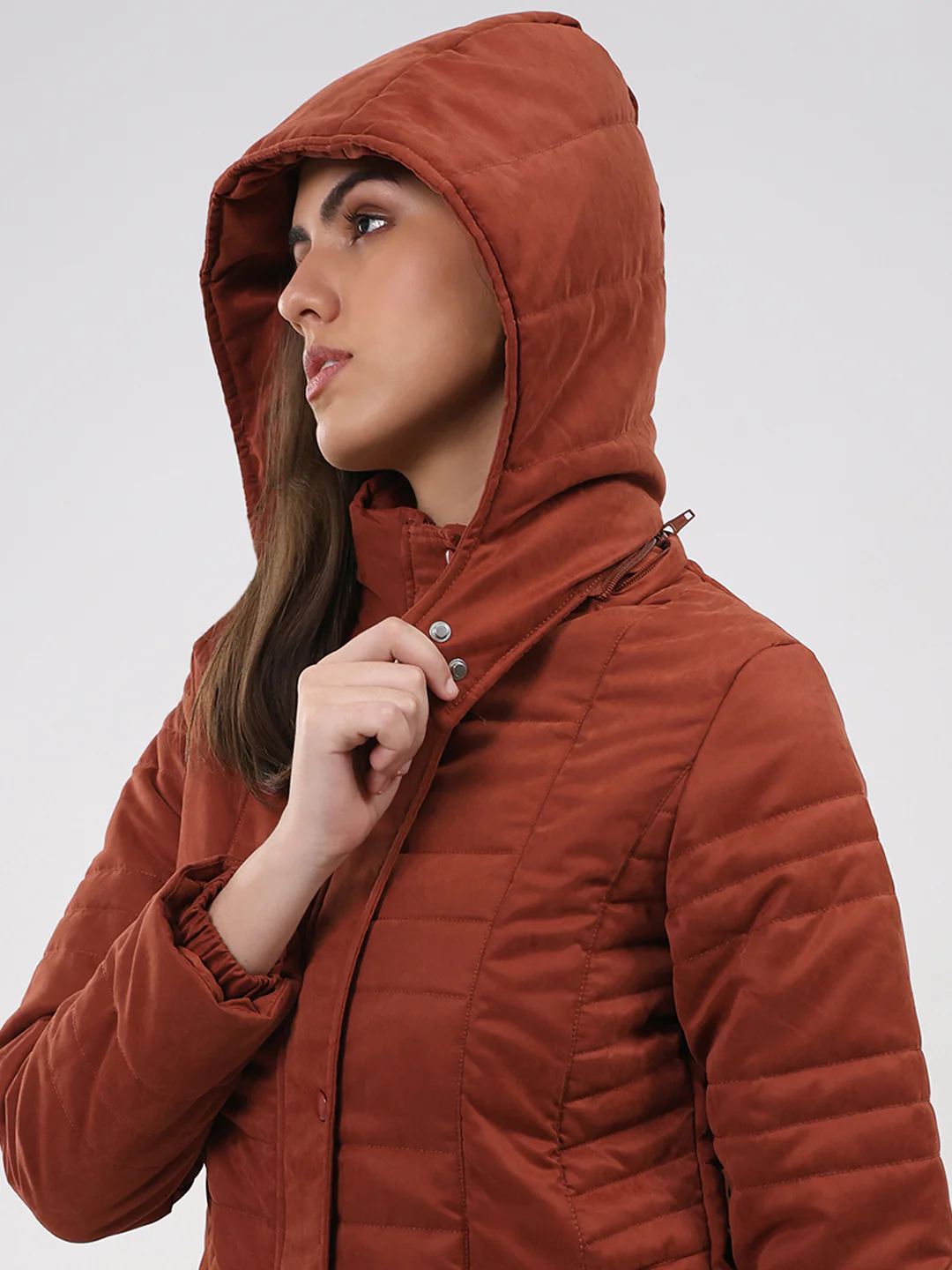 Women Rust Solid Hooded Full Sleeve Jacket - Image 6