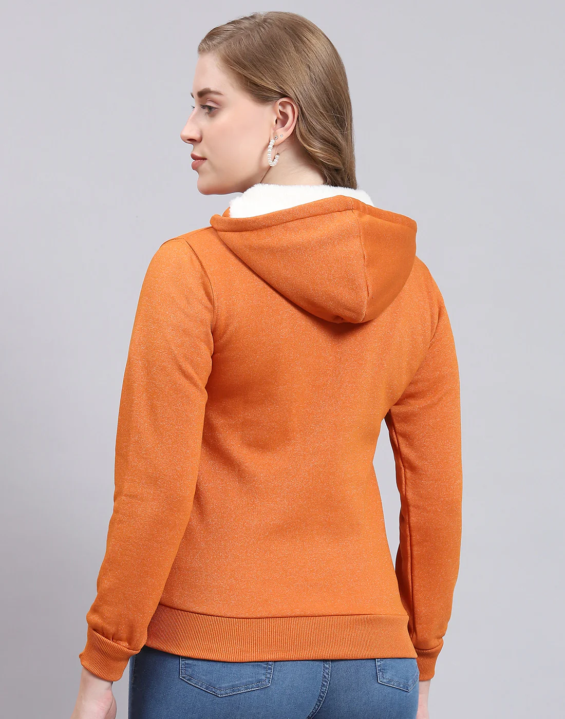 Women Rust Solid Hooded Full Sleeve Sweatshirt - Image 5