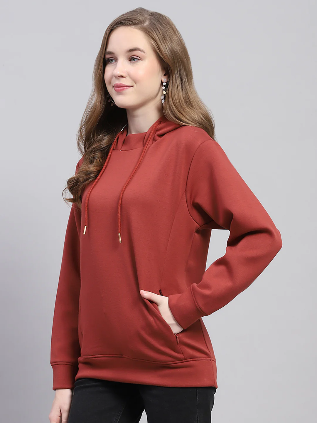 Women Rust Solid Hooded Full Sleeve Sweatshirt - Image 3