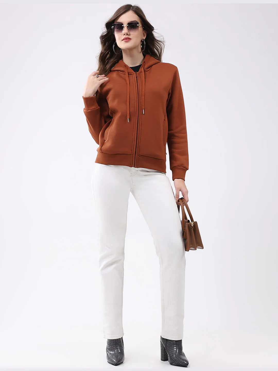 Women Rust Solid Hooded Full Sleeve Sweatshirt - Image 2