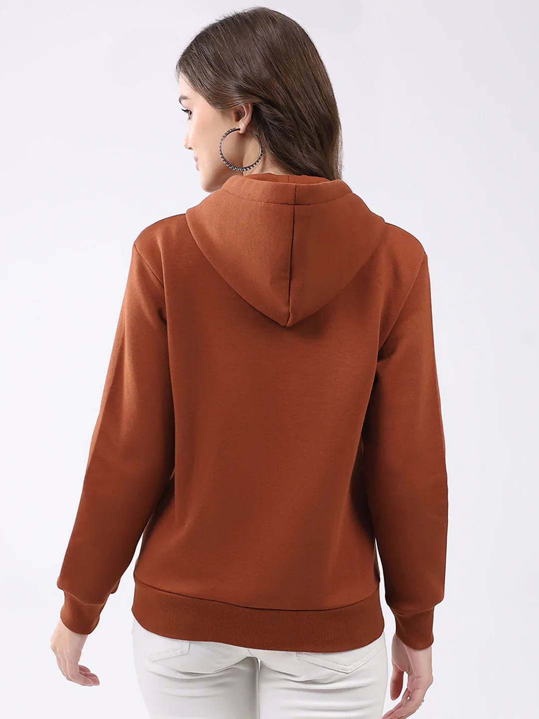 Women Rust Solid Hooded Full Sleeve Sweatshirt - Image 5