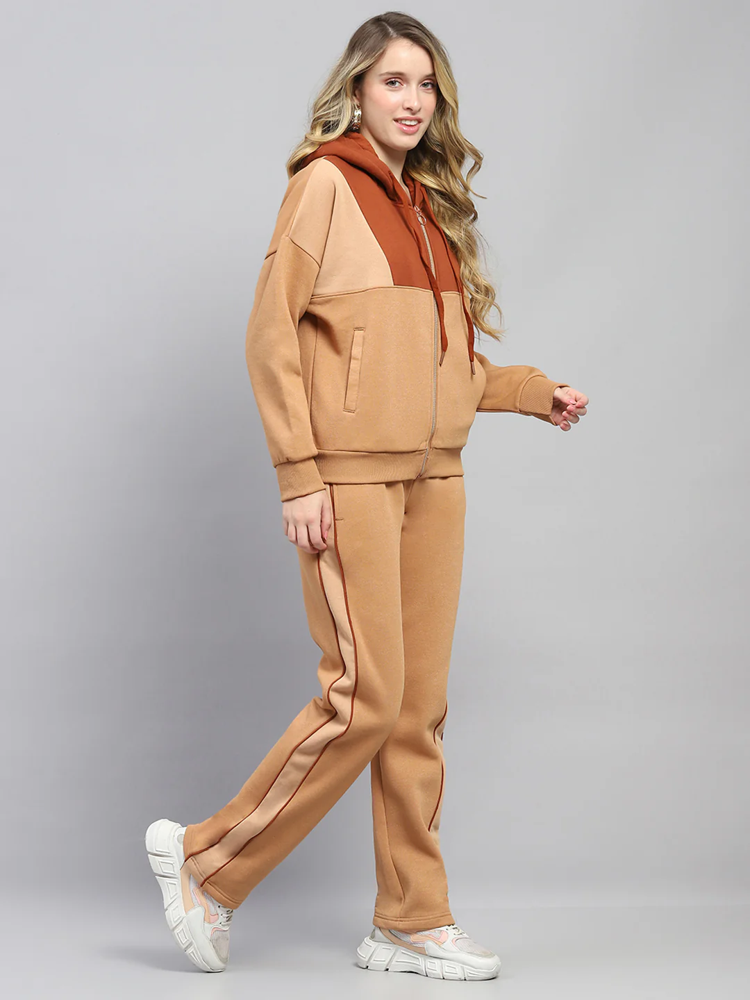 Women Rust Solid Hooded Full Sleeve Tracksuit - Image 4