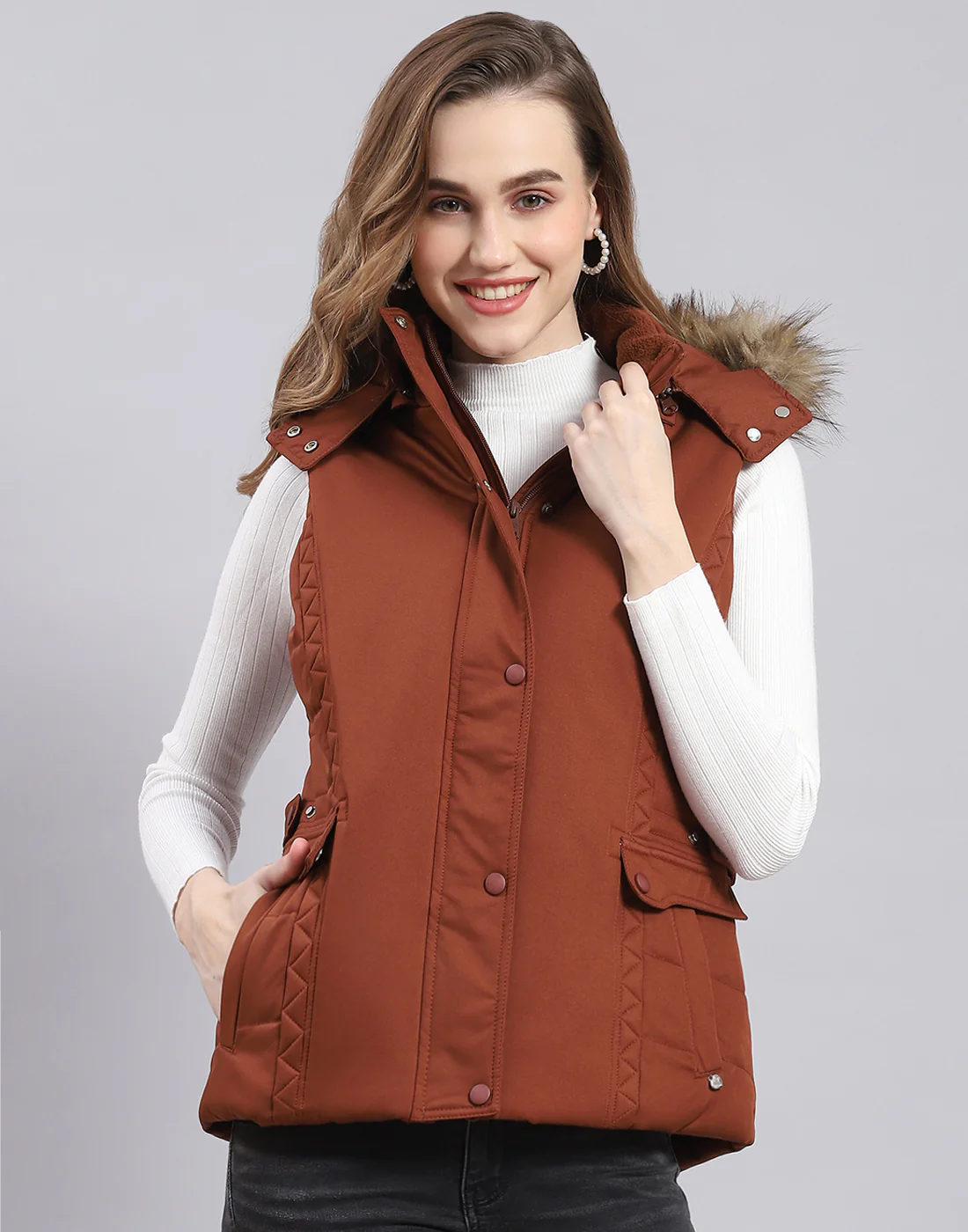 Women Rust Solid Hooded Sleeveless Jacket - Image 2