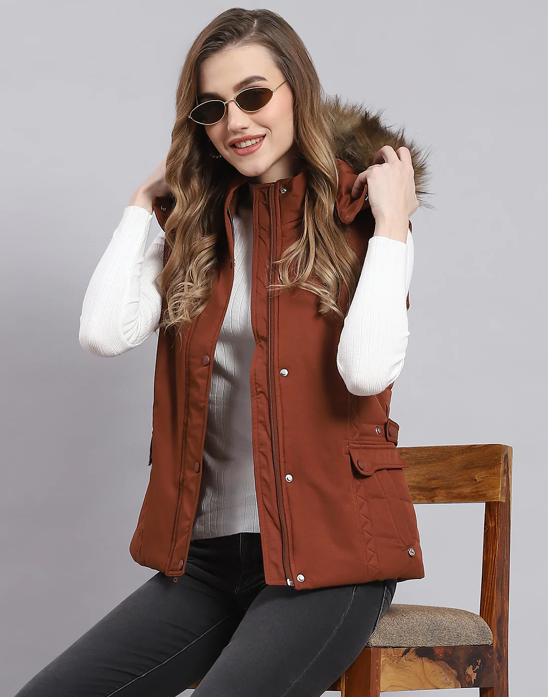 Women Rust Solid Hooded Sleeveless Jacket - Image 6