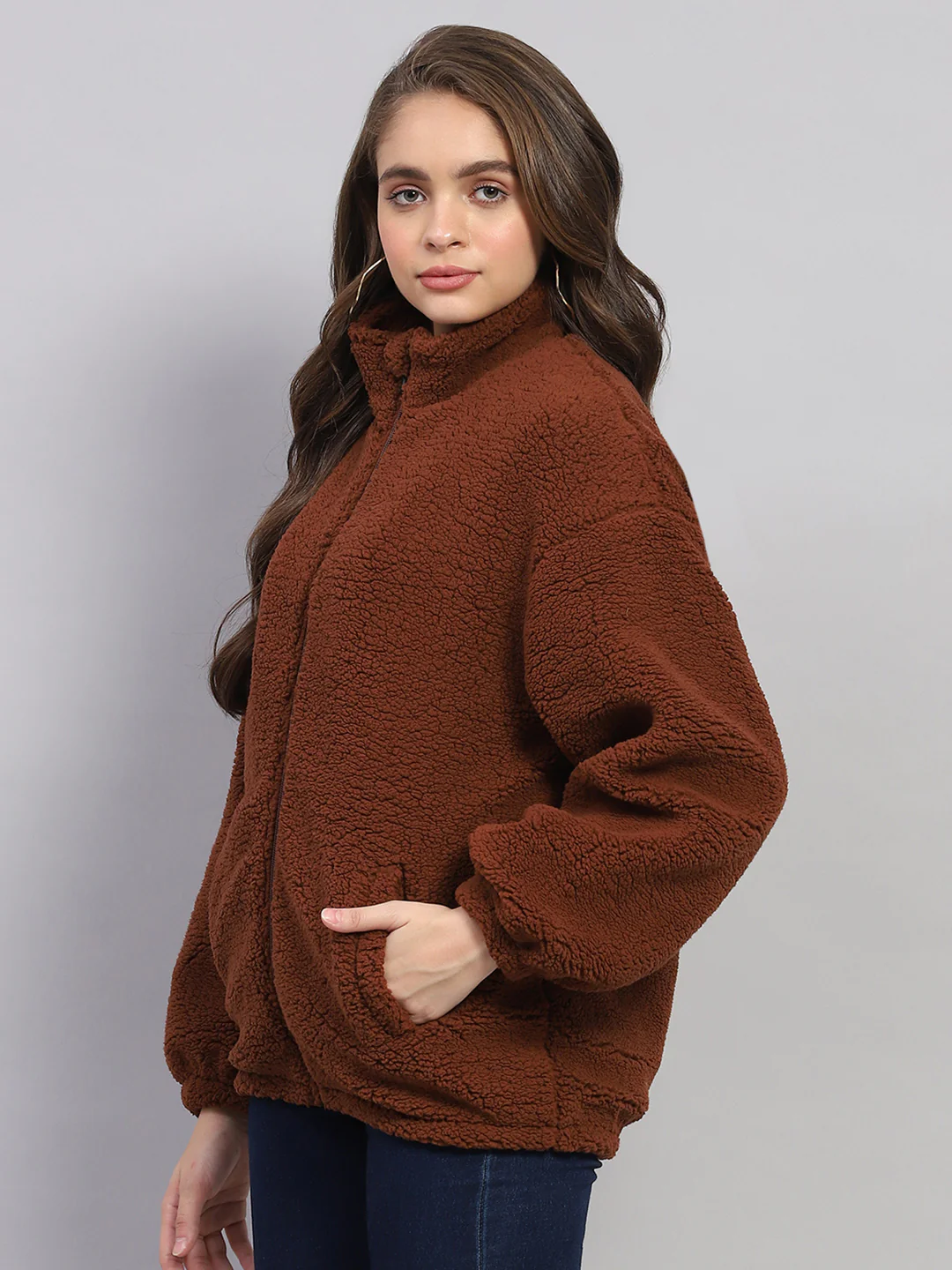 Rock.it Women Rust Solid Mock Neck Full Sleeve Jacket - Image 3