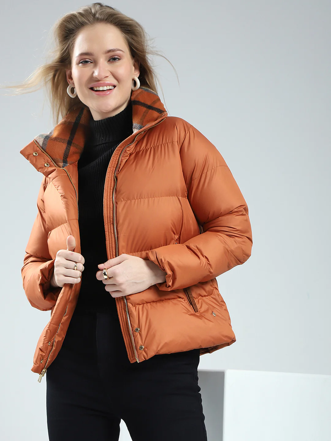 Women Rust Solid Mock Neck Full Sleeve Jacket - Image 6