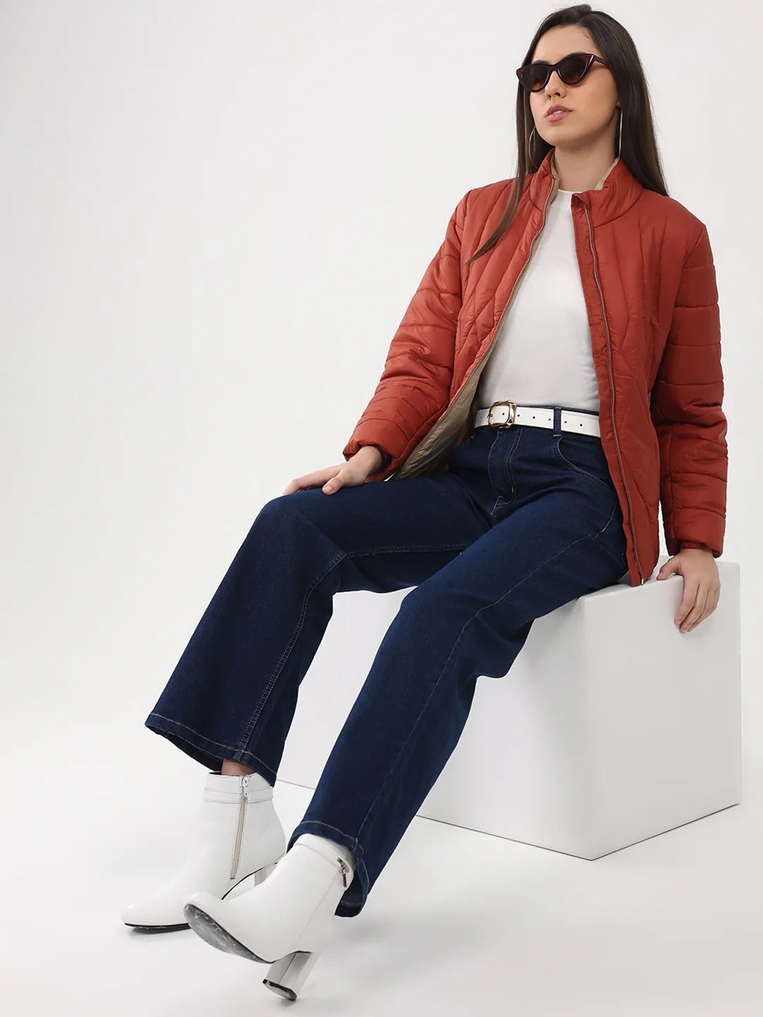 Women Rust Solid Mock Neck Full Sleeve Jacket - Image 2