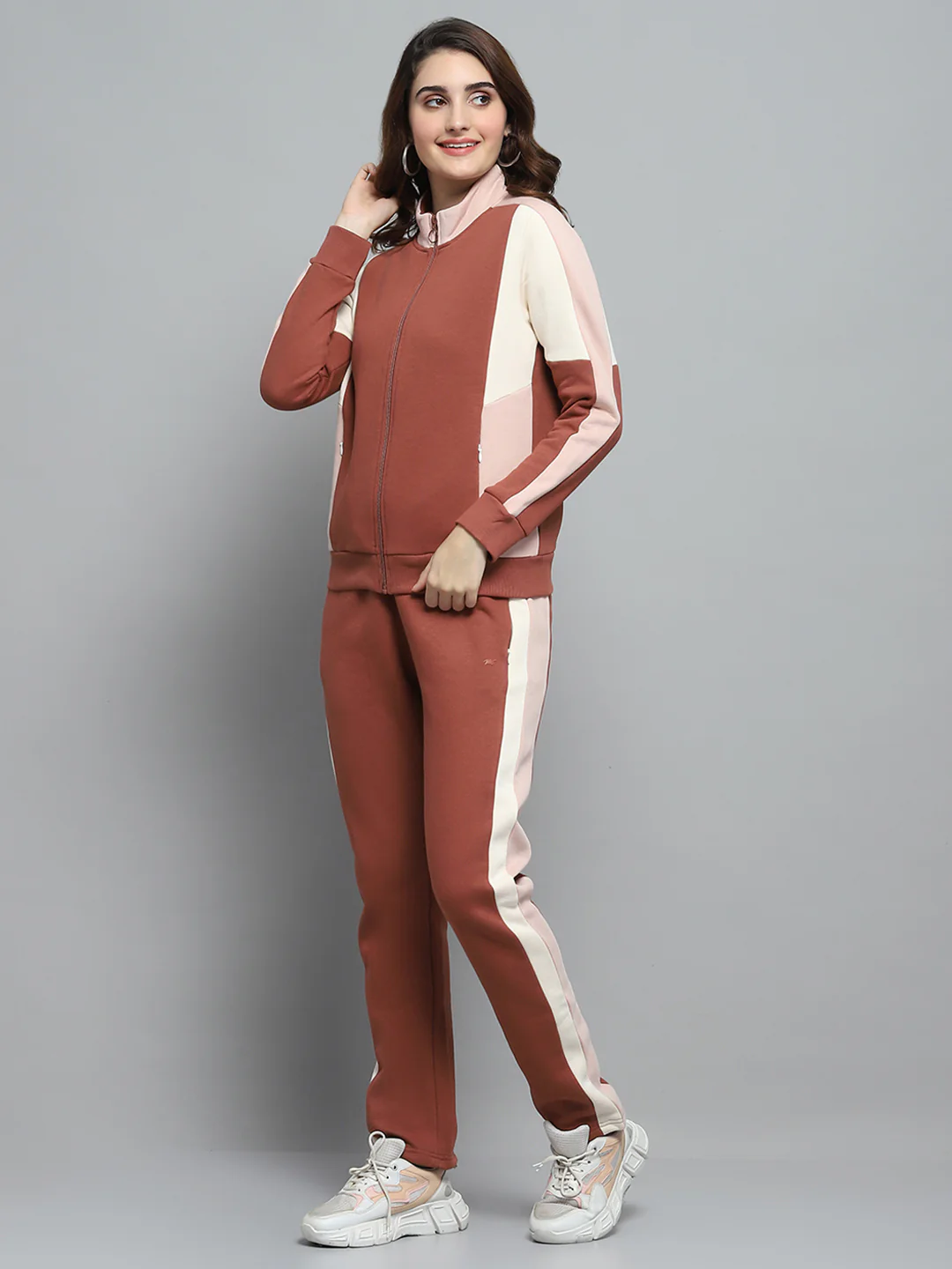 Women Rust Solid Mock Neck Full Sleeve Tracksuit - Image 3