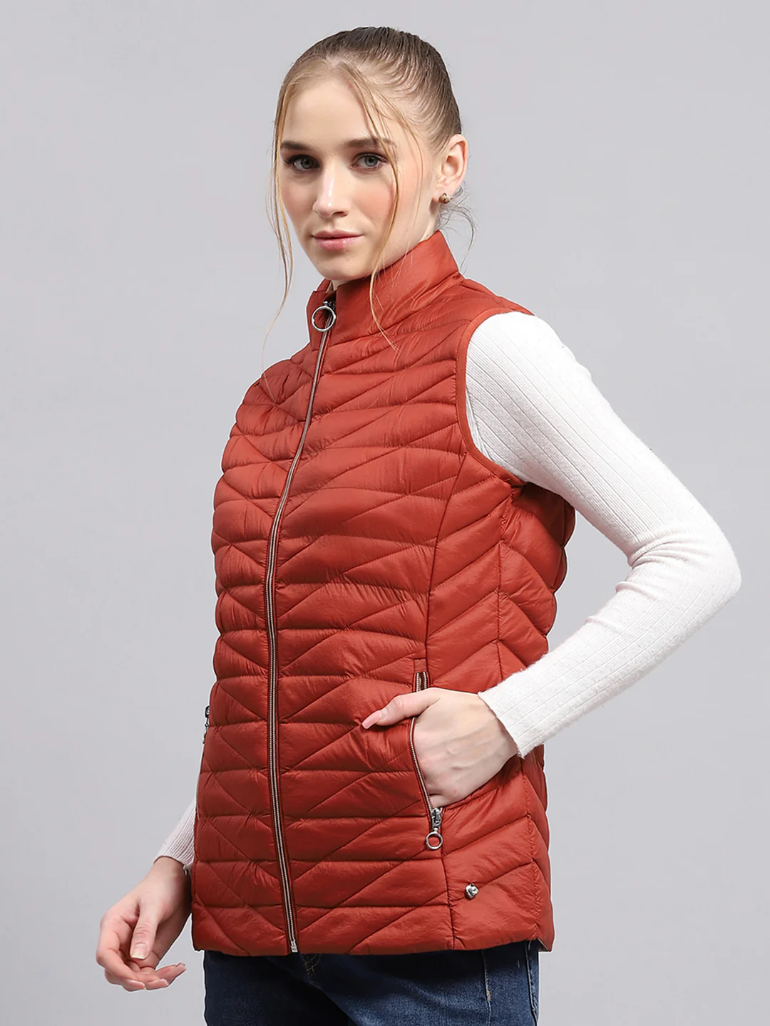 Women Rust Solid Mock Neck Sleeveless Jacket - Image 3