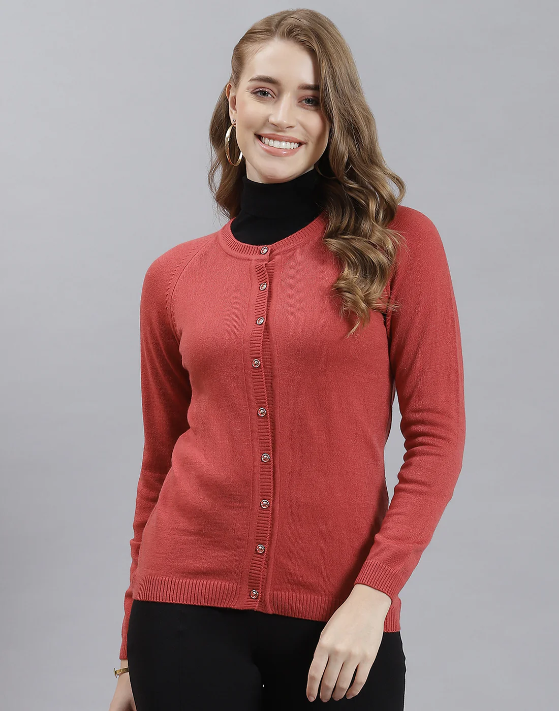 Women Rust Solid Round Neck Full Sleeve Cardigan - Image 2