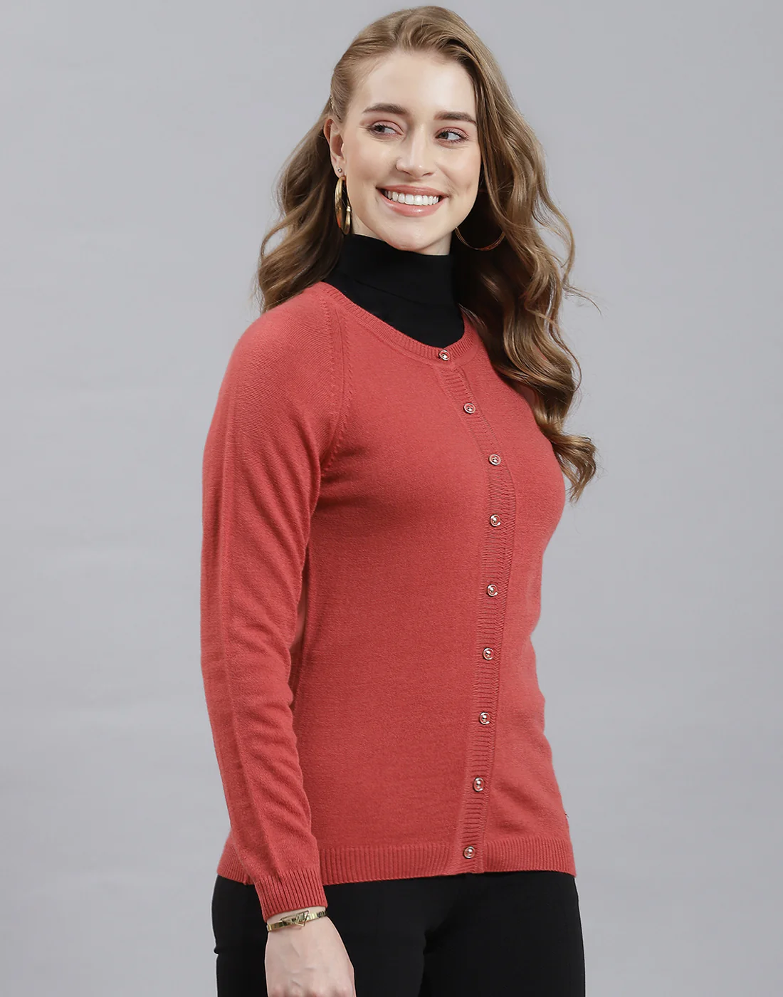 Women Rust Solid Round Neck Full Sleeve Cardigan - Image 4