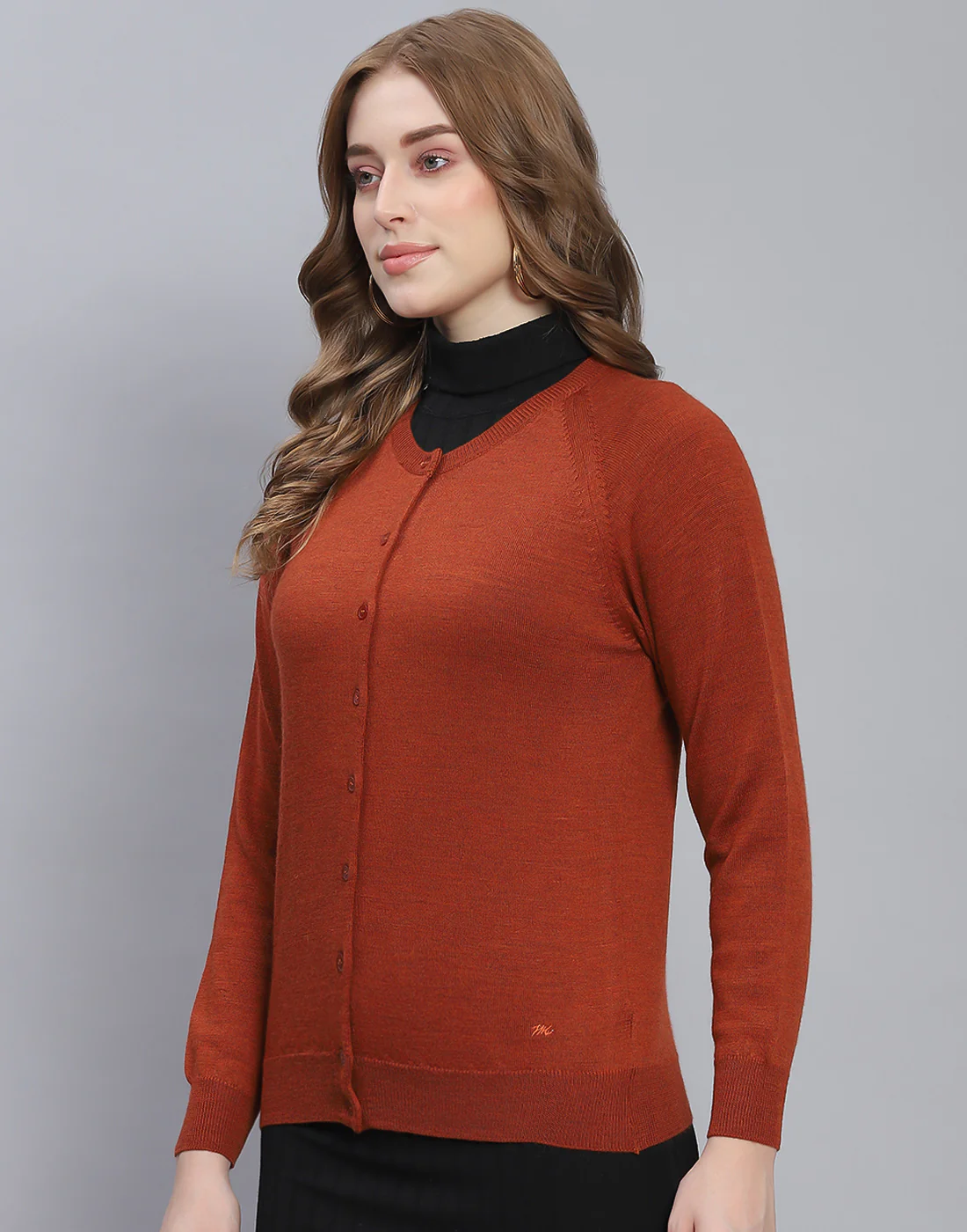 Women Rust Solid Round Neck Full Sleeve Cardigan - Image 3