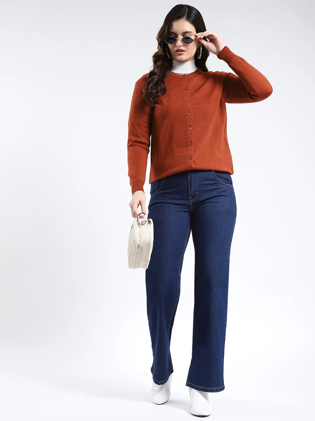 Women Rust Solid Round Neck Full Sleeve Cardigan - Image 2