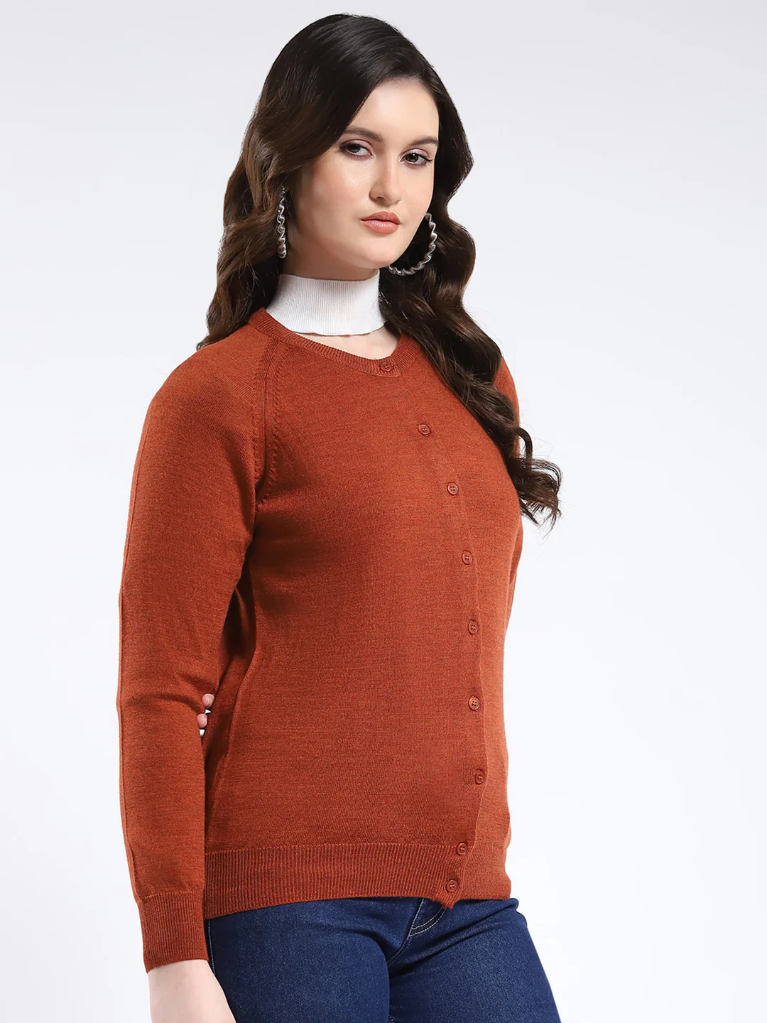 Women Rust Solid Round Neck Full Sleeve Cardigan - Image 4