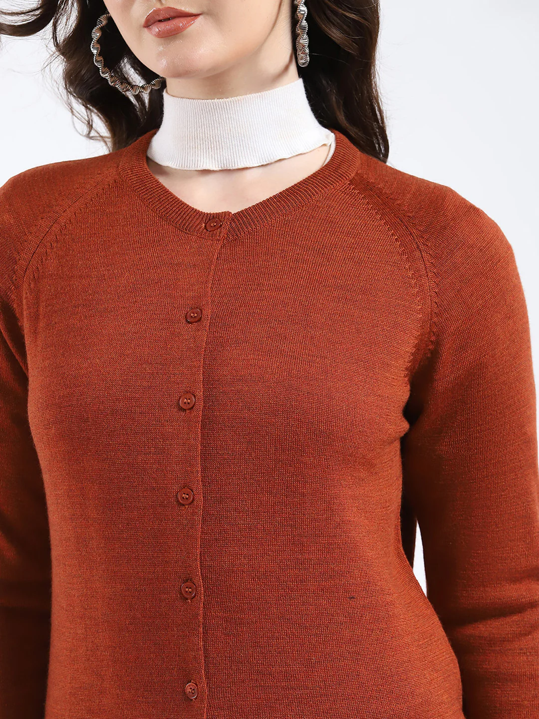 Women Rust Solid Round Neck Full Sleeve Cardigan - Image 6