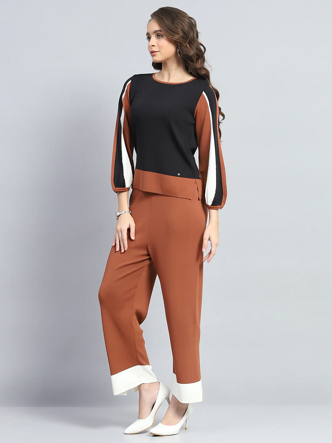 Women Rust Solid Round Neck Full Sleeve Cords Set - Image 3