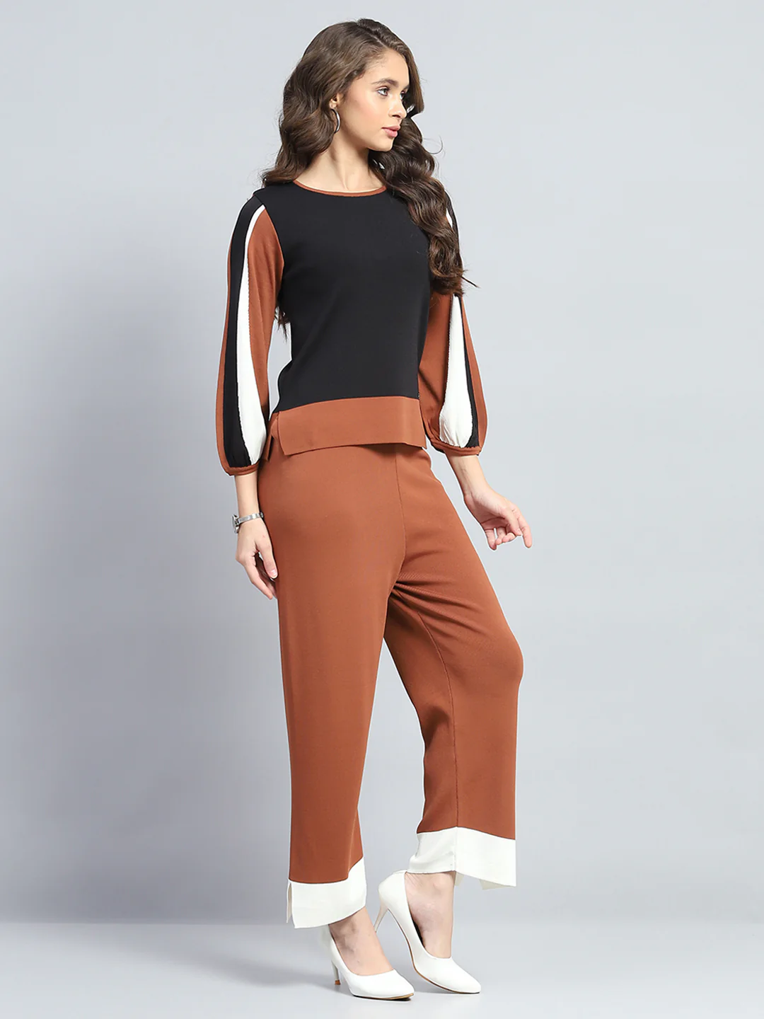 Women Rust Solid Round Neck Full Sleeve Cords Set - Image 4