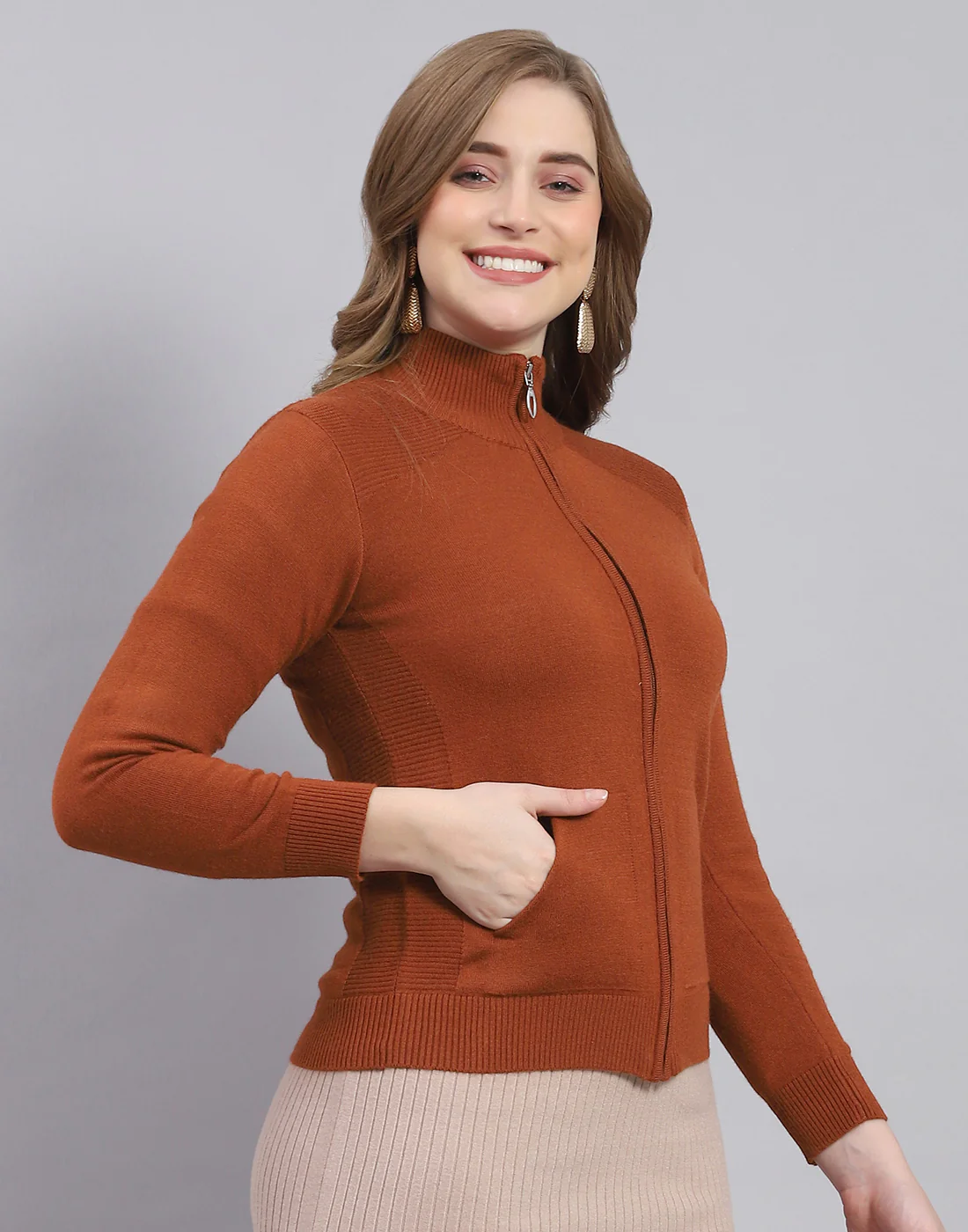 Women Rust Solid Stand Collar Full Sleeve Cardigan - Image 3