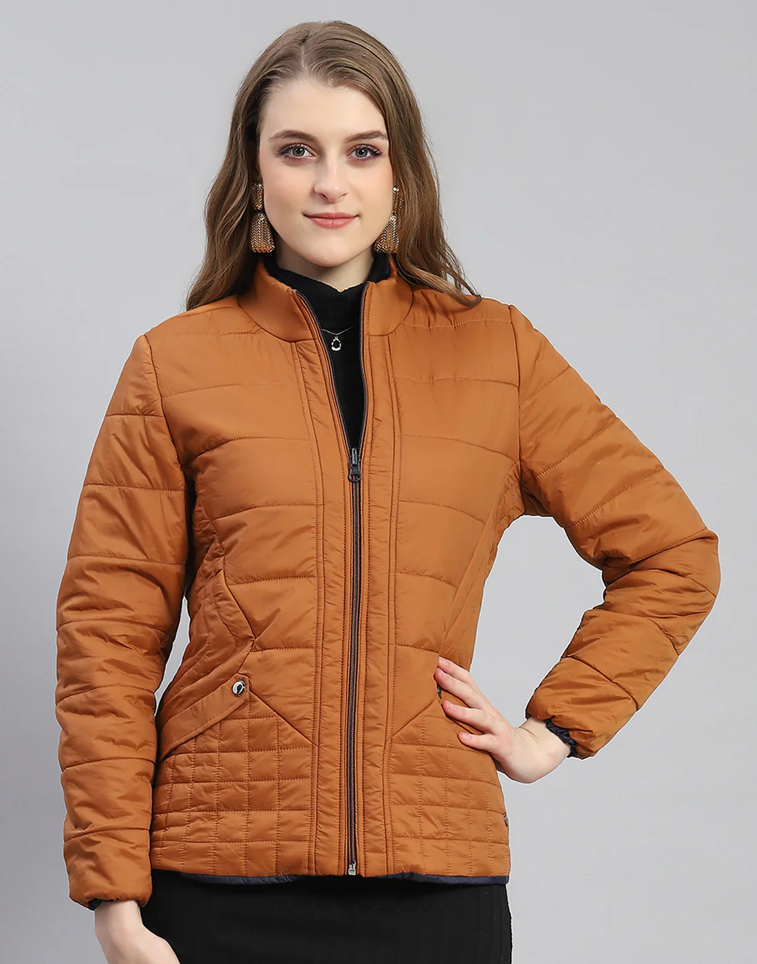Women Rust Solid Stand Collar Full Sleeve Reversible Jacket - Image 3