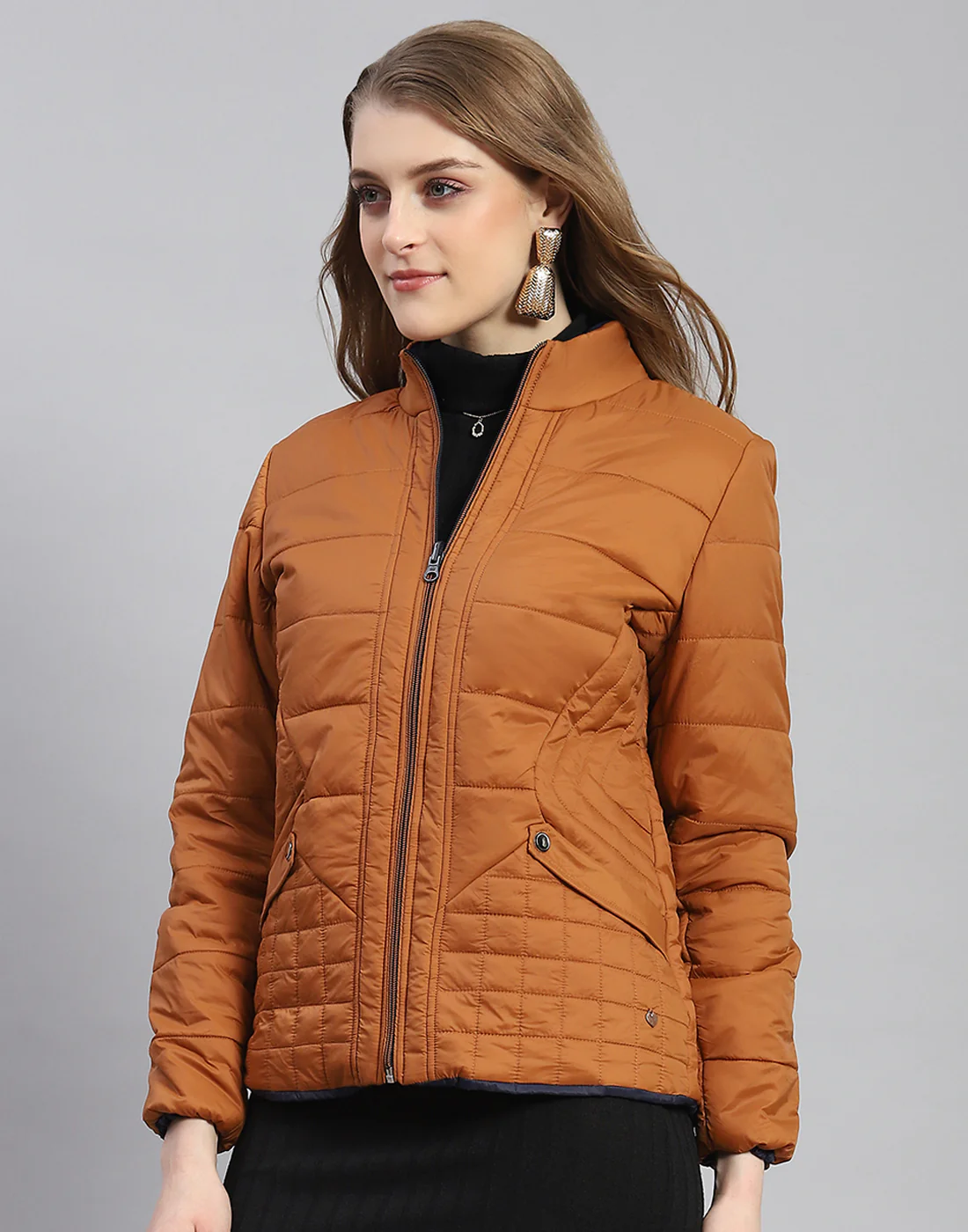 Women Rust Solid Stand Collar Full Sleeve Reversible Jacket - Image 4